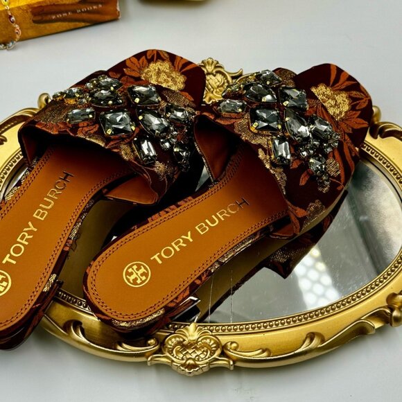 🆕 TORY BURCH 🧿 NWOT Martine 25mm Slide, Burgundy & Gold Jacquard, Sz 7.5 - Picture 5 of 16